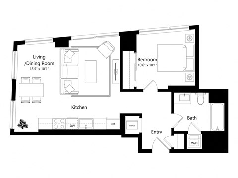 a floor plan of a unit with a bedroom, bathroom, and a living room